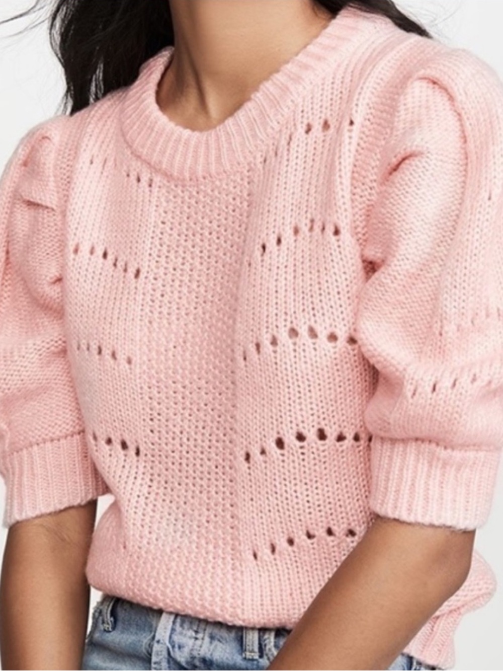 ENGLISH FACTORY Pink Puff Sleeve Sweater XS Chunky Knit Crewneck Pullover
